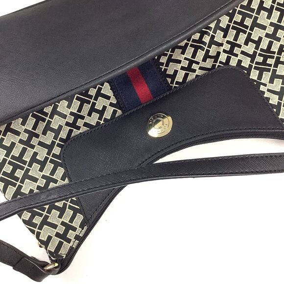 Tommy Hilfiger Monogram Canvas Shoulder Bag Hobo Handbag Purse Black Tan Logo - Picture 11 of 12